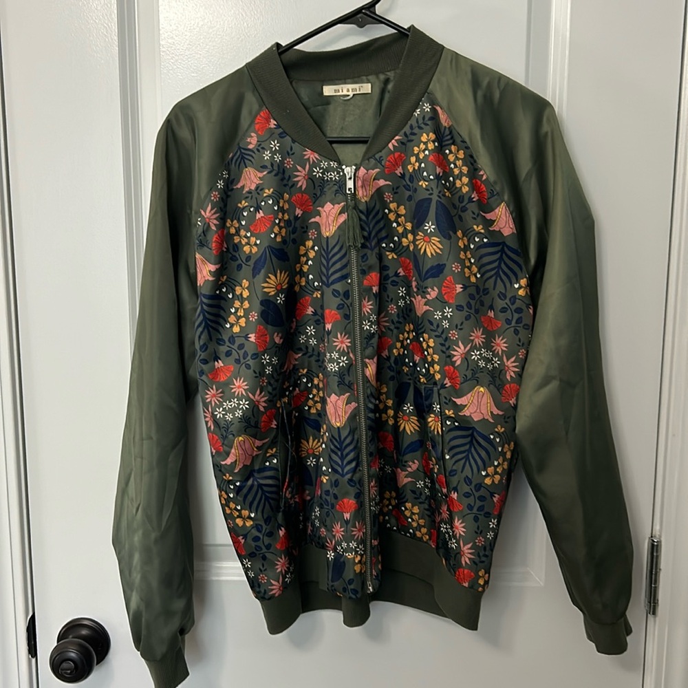 Green Floral Bomber Jacket